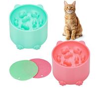 Hejo 2 Piezas Tazones Elevados para Gatos, Lentos Comedero para Gato Antivoracidad con Alfombrilla Antideslizante, Protege para Cuello, Tazones de Plástico para Gatos Perros Pequeños (Rosa y Verde)