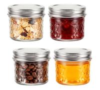Hejo 4 Piezas Mini Tarros de Cristal con Tapa, 100 ml/3,4 oz Tarros Mason con Textura de Rejilla y Tapa, Tarros Herméticos para Mermelada Miel Especias Avena Nocturna