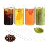 Hejo 4 Piezas Vasos de Cristal con Pajita, 500 ML Tazas de Café Transparente, Vaso Matcha Reutilizable, Vaso de Cerveza para Café Helado, Té de Burbujas, Zumos, Batidos