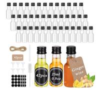 Hejo 42 Piezas Mini Botellas de Licor, 25ml Miniatura Botella Reutilizable de Plástico, Mini Botellas con Tapas, Botella Vacías Pequeñas Recargables para Jugo Casero, Leche, Aceite, Tamaño de Viaje