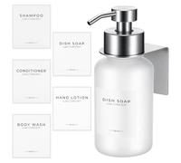 Hejo Dispensador Jabon Pared de Vidrio, 400 ml Jabonera Dosificador para Baño Cocina, No Perforación, Autoadhesivo, Dispensador Esmerilado para Acondicionador Champú Gel de Ducha(Blanco/Plata)