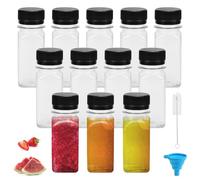HEKOBAG 12PCS Mini Botellas de Plastico para Bebidas de 60ml, Botellas de Bebida Pequeñas Transparente con Tapa Negra, Botellas Pequeñas Reutilizables con Embudo y Cepillo para Agua Leche Jugo