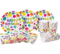 HEKU Juego desechable para fiestas, 120 piezas con diseño de puntos de cumpleaños, incluye platos de papel, vasos de fiesta (0,25 l) y servilletas (33 x 33 cm), ideal para fiestas, barbacoas y