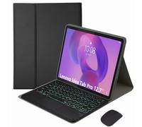 HEKUEUN Funda con Teclado para Lenovo Idea Tab Pro 12,7 Pulgadas, Modelo 2025 (TB373FU/TB375FC), Español Ñ Teclado Bluetooth Panel Táctil Desmontable Y Retroiluminación 7 Colores con Ratón,Negro