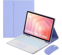 HEKUEUN Funda con Teclado para Samsung Galaxy Tab S11 Ultra / S10 Ultra / S9 Ultra / S8 Ultra 14,6 Pulgadas, Español Ñ Teclado Ratón Panel Táctil Extraíble Retroiluminado 7 Colores,Púrpura