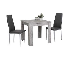 Hela Duo Juego de Comedor de 3 Piezas, Mesa Cuadrada de Madera procesada con Recubrimiento de melamina y Efecto hormigón, 2 sillas de Comedor Grises con Patas metálicas Grises