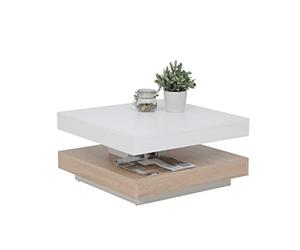 Hela Tische, Andy Mesa de Centro, Mesa de Salón Cuadrada, Material Compuesto de Madera, Tablero Giratorio en 360°, Roble Blanco/Roble Sonoma, 67 X 67 X 35 cm