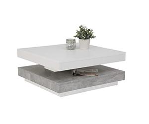 Hela Tische, Andy Mesa de Centro, Mesa de Salón Cuadrada, Material Compuesto de Madera, Tablero Giratorio en 360°, Blanco/Hormigón, 67 X 67 X 35 cm