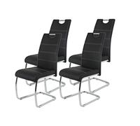 Hela Tische, Flora Set de 4 Sillas Basculantes, Sillas de Cocina de Piel Sintética Negra, Orificio de Agarre, Estructura de Metal Cromado, 42 x 57 x 98 cm