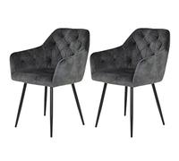 Hela Tische, Tina - Juego de 2 sillas con reposabrazos, Terciopelo Antracita, Estructura de Tubo Redondo Negro, Acolchado a Cuadros, reposabrazos