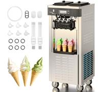 Heladera profesional Soft Serve con compresor autorefrigerante, con función de conservación, preparación en 15 min, 2200 W, autoportante, acero inoxidable, 6 l x 2
