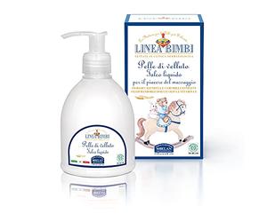 Helan, Linea Bimbi, Pelle di Velluto, Talco Líquido Bebés y Niños, Crema Hidratante Corporal con Caléndula y Vitamina E - Talco Bebé Fresco para Masaje Corporal, con Aceite de Almendras - 240 ml