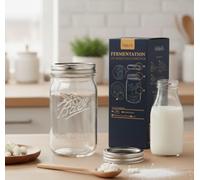 HeldenPilz® Juego de iniciación de kéfir de leche, incluye vaso Mason Ball de 600 ml, colador de rosca, tapa de acero inoxidable y cultivo de kéfir de leche auténtico, kit de fermentación para kéfir