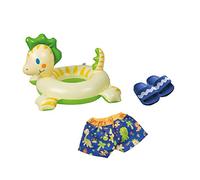 Heless 22-Juego muñecas de diseño de Dinosaurio, 3 Piezas con bañador, Pantuflas y Anillo de natación, tamaño Aprox. 35-45 cm, para la diversión del baño en los calurosos días de Verano, Multicolor