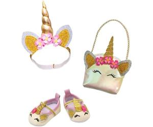 Heless 231 - Accesorios para muñecas en diseño Unicornio con Purpurina, Juego de Accesorios de 3 Piezas con Bailarinas, Bolso y Cinta para el Pelo para muñecas y Peluches de 35 a 45 cm