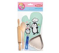 Heless 232 - Juego de Repostería para Niños, Accesorio de Repostería de 5 Piezas con Guante de Horno, Bandeja de Hornear con Forma de Corazón, Rodillo y Cuchara de Cocina de Madera y Batidor