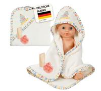 Heless 269 - Juego de baño para muñecas AHOI con Toalla de baño con Capucha | De material de flojel, con champú de madera y esponja de bienestar, en color blanco, tamaño 48 x 48 cm