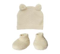 Heless 4801-Ropa algodón 100% orgánico, Juego 2 Piezas con Gorro y Zapatos de Punto Crudo para muñecas y Peluches de tamaño 28-35 cm, Color Beige (4801)