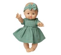 Heless 54022 - Muñeca bebé niña con Vestido de Muselina en Verde Salvia y Cinta para el Pelo a Juego, 100% algodón orgánico, tamaño muñeca 34 cm