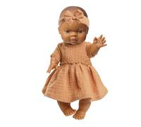 Heless 54024-Muñeca bebé niña con Vestido de Muselina, 100% algodón orgánico, tamaño muñeca 34 cm, Color Caramel, Normal (54024)