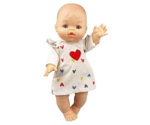 Heless 54035 - Set de muñeca con la muñeca Gordi niña y un Vestido de Pana Beige «Confeti de Corazones» con un corazón Rojo, tamaño Aprox. 34 cm