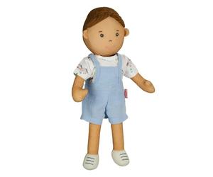 Heless 59 - Muñeco de Tela niño Noah con Peto Azul y Camisa para Poner y Quitar, Aprox. 32 cm de Altura muñeco blandito para abrazar, Jugar y querer