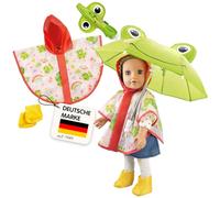 Heless 672 Set de Lluvia para muñecas «Froschi Carlo» con Paraguas, Capa de Lluvia y Botitas, para muñecas de 35-45 cm