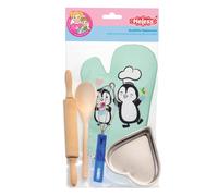 Heless 232 - Juego de Repostería para Niños, Accesorio de Repostería de 5 Piezas con Guante de Horno, Bandeja de Hornear con Forma de Corazón, Rodillo y Cuchara de Cocina de Madera y Batidor