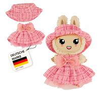Heless Monster Styles 7514 - Vestido bouclé para muñecas con Gorro de Pescador en Rosa, con Estampado de Cuadros y Lazo, Conjunto Kawaii para Monstruos de 15 cm