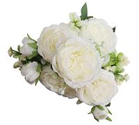 HELEVIA Ramo De Rosas Artificiales 3 Manojos 15 Cabezas Seda 30cm (Blanca)