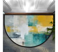 Helhappy Felpudo semicircular de 23 x 36 pulgadas, pintura artística abstracta azul y amarillo, fondo de acuarela, impresión al óleo, antideslizante, alfombra de área de medio círculo para interiores