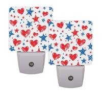 Helhappy Paquete de 2 luces LED de noche enchufables a la pared, corazones rojos y estrella azul, sensor automático, lámpara de noche del atardecer al amanecer para dormitorio, baño, pasillo