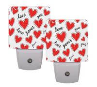 Helhappy Paquete de 2 luces LED de noche enchufables en la pared, corazones rojos, tema del día de San Valentín, lámpara de noche con sensor automático, lámpara de noche del atardecer al amanecer para