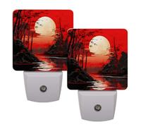 Helhappy Paquete de 2 luces LED de noche enchufables en la pared, estilo japonés, luz roja de bambú, sensor automático, lámpara de noche del atardecer al amanecer, para dormitorio, baño, pasillo