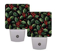 Helhappy Paquete de 2 luces LED de noche enchufables en la pared, flor de Pascua con baya roja, sensor automático de Navidad, lámpara de noche del atardecer al amanecer para dormitorio, baño, pasillo