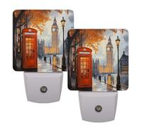 Helhappy Paquete de 2 luces LED nocturnas enchufables en la pared, cabina telefónica roja, estilo retro, romántico, paisaje urbano, sensor automático, lámpara de noche del atardecer al amanecer, para