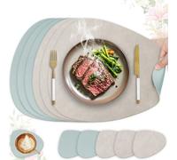 HELI MIAO Juego de 6 manteles individuales de imitación de piel, lavables e impermeables, manteles individuales de aspecto de piel con posavasos, posavasos antideslizantes de doble cara (ovalado, gris