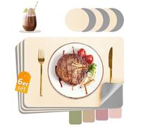 HELI MIAO Manteles individuales lavables, manteles individuales de piel, resistentes al calor, de doble cara, juego de 6 manteles individuales de aspecto de piel con posavasos, manteles individuales