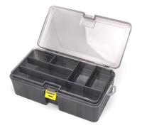 Helilyco Caja organizadora multidivisión para almacenamiento de doble capa con diseño gris translúcido, ganchos y aparejos de pesca, 21,5 x 12 x 6,7 cm