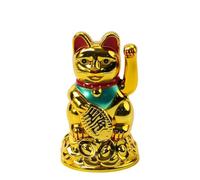 Helilyco Maneki Neko Lucky Waving - Figura de gato, acabado dorado con babero verde campana, señas de pata izquierda, sostiene pepita dorada, decoración de coche para oficina en casa, 6.5 pulgadas