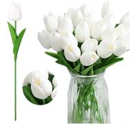 Helilyco Mini artificial para ramo de tulipanes de 33 cm, flores falsas de plástico de poliuretano, decoración de tallo realista, decoración de hogar, oficina, boda, mesa, rosa (blanco)