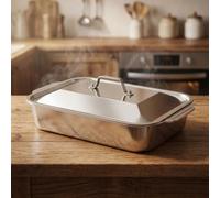 Helilyco Sartén comercial para lasaña de 45,7 x 28 cm con tapa, resistente de 2 mm, para horno de acero inoxidable con asas remachadas, uso en horno