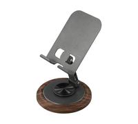 Helilyco Soporte giratorio para teléfono de madera de nogal 360º, soporte plegable para teléfonos inteligentes y tabletas, accesorio de escritorio de metal y madera, 150 x 96 mm, gris