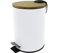 helit H2404405 - Cubo de pedal el bambú, 3 litros, con tapa de bambú, cubo de metal, cierre silencioso, blanco, 1 unidad