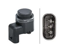 HELLA 6PX 358 141-541 Sensor, auxiliar de aparcamiento - en forma de ángulo - 3polos - enchufado - barnizable - con anillod e sujeción