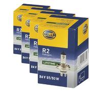 Hella 8GD 002 088-271 Halógena Lámpara - R2 (Bilux) - Heavy Duty - 24V - 55/50W - Modelo de zócalo, bombilla incandescente: P45t - caja - Cant.: 1 (Paquete de 4)