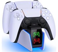 HELLCOOL Cargador Mando PS5 de Estación, Compatible con Mandos Inalámbricos DualSense/Edge, Accesorio de Playstation 5 con Carga Rápida en 2-3 Horas/Luz RGB Genial