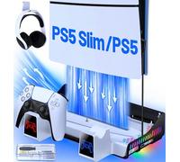 HELLCOOL Soporte de pared para PS5, PS5 Slim Standfuß con ventilador para todos los PS5 Slim/PS5 Disc/Digital Edition Console, PS5 Controller Ladestation/Headset Halterung/15 juegos de