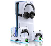 HELLCOOL Soporte para PS5 Pro con Ventilador para PS5 / Slim/Pro Edición Disco y Digital/Luz RGB Fría/Soporte para Auriculares/Estación de Carga para Mandos/Ranura para Mando a Distancia/Juegos