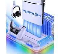 HELLCOOL Soporte para PS5/PS5 Slim,Soporte con Ventilador Refrigeración/Luces RGB/Mandos de Recarga Doble/Gancho para Auriculares/15 Ranuras de Juego, Base para PS5 Disco/Digital Edición